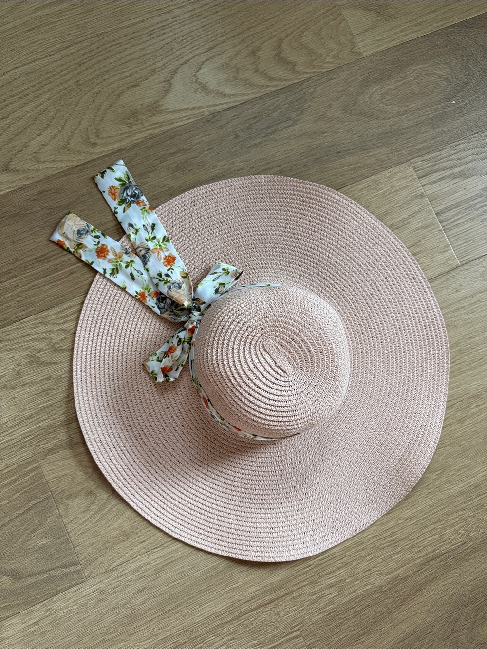 Blush Pink Wide Brim Sun Hat with Floral Tie